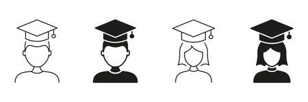 Graduation Cap Line And Solid Icon Set. Academic Achievement And Education Symbol Collection. Student Success And Learning Milestone Representation. Isolated Vector Illustrationのイラスト素材