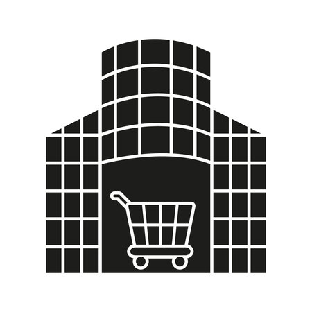 Shopping Mall With Cart Solid Icon. Retail Center, Consumer Shopping, And Commercial Complex Silhouette Symbol. E-Commerce And Retail Industry. Isolated Vector Illustrationのイラスト素材