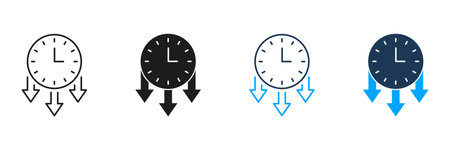 Clock With Downward Arrows Line And Solid Icon Set. Time Management, Deadline Pressure, And...
