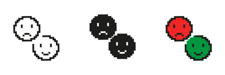 Pixel Art Happy and Sad Faces Icon Set. Pixelated Two Facial Expressions, One Happy and One Sad. Isolated Vector Illustrationのイラスト素材