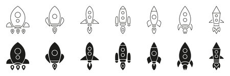 Rocket Ship Line And Solid Icon Set. Space Exploration, Innovation, And Technology Advancement Symbol Collection. Various Rocket Designs For Aerospace And Startup. Isolated Vector Illustrationのイラスト素材