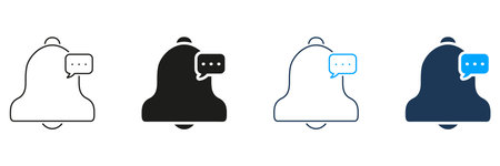 Notification Bell With Chat Bubble Line And Solid Icon Set. Alert Messaging And Communication Symbol Collection. Reminder And Update Notification Design. Isolated Vector Illustrationのイラスト素材