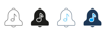 Bell With Musical Note Line And Solid Icon Set. Notification Sound, Alert Tone, And Ringtone Symbol Collection. Audio Reminder And Music Alert Concept. Isolated Vector Illustrationのイラスト素材