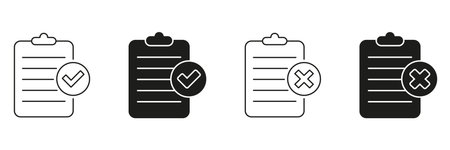 Clipboard With Check And Cross Marks Line And Solid Icon Set. Task Completion And Error Indication Symbol Collection. Project Management And Quality Control. Isolated Vector Illustrationのイラスト素材