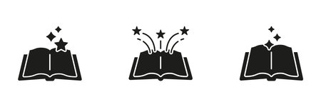 Open Book With Stars Solid Icon Set. Imagination, Creativity, And Knowledge Explosion Silhouette Symbol Collection. Educational Inspiration And Fantasy Concept. Isolated Vector Illustrationのイラスト素材