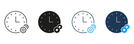 Clock With Gears Line And Solid Icon Set. Time Management, Efficiency, And Process Optimization Symbol Collection. Productivity And Workflow Enhancement. Isolated Vector Illustrationのイラスト素材