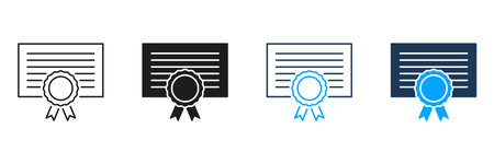 Certificate With Ribbon Line And Solid Icon Set. Achievement, Recognition, And Award Symbol Collection. Educational And Professional Certification Design. Isolated Vector Illustrationのイラスト素材