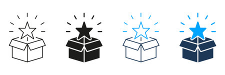 Open Box With Star Line And Solid Icon Set. Unboxing, Surprise, And New Product Launch Symbol Collection. Excitement And Discovery Concept. Isolated Vector Illustrationのイラスト素材