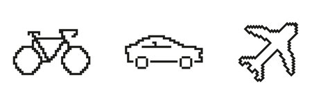 Bicycle, Car, And Airplane Pixel Art Icon Set. Transportation Modes Pixelated Symbol Collection....