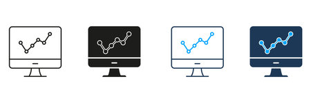 Computer Monitor With Line Graph Line And Solid Icon Set. Data Analysis, Business Growth, And Performance Tracking Symbol Collection. Financial And Statistical Insights. Isolated Vector Illustrationのイラスト素材