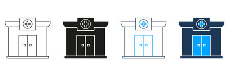 Hospital Building Line And Solid Icon Set. Healthcare Facility, Medical Center, And Emergency Services Symbol Collection. Health Infrastructure And Patient Care. Isolated Vector Illustrationのイラスト素材