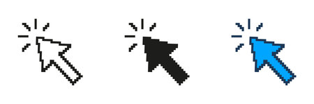 Pixelated Cursor Icon Set. Retro Style Mouse Pointer with Clicking Effect. Clickable Arrow Design in Vintage Pixel Art Style. Isolated Vector Illustrationのイラスト素材