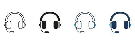 Headset With Microphone Line And Solid Icon Set. Communication, Customer Support, And Gaming Audio Equipment Symbol Collection. Call Center And Online Gaming Tools. Isolated Vector Illustrationのイラスト素材
