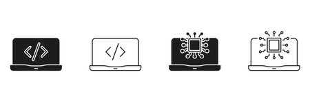 Laptop With Code And Microchip Line And Solid Icon Set. Software Development And Ai Technology Symbol Collection. Programming And Machine Learning Concepts. Isolated Vector Illustrationのイラスト素材