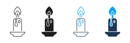 Candle With Flame Line And Solid Icon Set. Spirituality, Relaxation, And Meditation Symbol Collection. Wax Melting And Light Source Representation. Isolated Vector Illustrationのイラスト素材