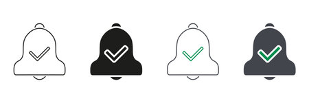 Notification Bell With Checkmark Line And Solid Icon Set. Alert Confirmation And Task Completion Symbol Collection. Reminder And Update Acknowledgment. Isolated Vector Illustrationのイラスト素材