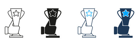 Trophy With Star And Hand Line And Solid Icon Set. Achievement, Success, And Award Recognition Symbol Collection. Victory And Excellence Celebration. Isolated Vector Illustrationのイラスト素材