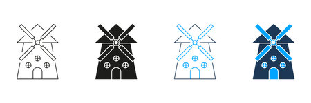 Windmill Line And Solid Icon Set. Renewable Energy, Agriculture, And Traditional Architecture Symbol Collection. Sustainable Power Generation And Rural Landscape. Isolated Vector Illustrationのイラスト素材