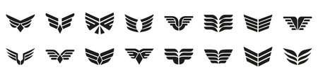 Decorative Heraldic Wing Silhouette Icons Set, Elegant Feather Glyph Symbol Collection. Isolated Vector Illustrationのイラスト素材