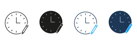 Clock With Pencil Line And Solid Icon Set. Time Management, Scheduling, And Planning Symbol Collection. Productivity And Organization Tools. Isolated Vector Illustrationのイラスト素材