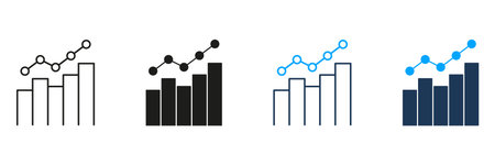 Bar Chart With Line Graph Trend Line And Solid Icon Set. Data Analysis, Business Growth, And Financial Performance Tracking Symbol Collection. Statistical Visualization. Isolated Vector Illustrationのイラスト素材