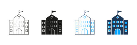 School Building Line And Solid Icon Set. Educational Institution, Learning Center, And Academic Facility Symbol Collection. Architecture And Campus Design. Isolated Vector Illustrationのイラスト素材