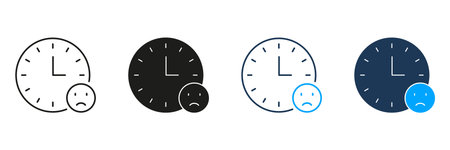 Clock With Sad Face Line And Solid Icon Set. Time Management Stress And Emotional Well-Being Symbol Collection. Overwork And Burnout Concept. Isolated Vector Illustrationのイラスト素材