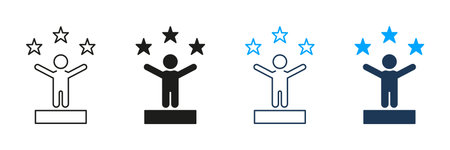Person Celebrating With Stars Line And Solid Icon Set. Achievement, Success, And Recognition Symbol...