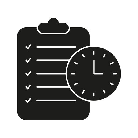 Clipboard With Clock Solid Icon. Task Scheduling, Time Management, And Productivity Tracking Silhouette Symbol. Efficient Workflow Planning. Isolated Vector Illustrationのイラスト素材