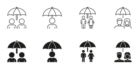 People Under Umbrella Line And Solid Icon Set. Insurance, Protection, Safety, And Security Symbol Collection. Shelter And Care Concepts. Isolated Vector Illustrationのイラスト素材