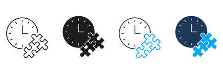 Clock With Puzzle Piece Line And Solid Icon Set. Time Management, Problem Solving, And Strategic...