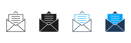 Open Envelope With Letter Line And Solid Icon Set. Email Communication, Message Sending, And Mail Notification Symbol Collection. Digital Correspondence. Isolated Vector Illustrationのイラスト素材