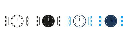 Clock With Network Nodes Line And Solid Icon Set. Time Management And Data Synchronization Symbol...