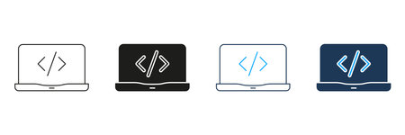 Laptop With Code Symbol Line And Solid Icon Set. Programming, Software Development, And Coding Interface Symbol Collection. Technology And Innovation. Isolated Vector Illustrationのイラスト素材