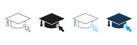 Graduation Cap With Cursor Line And Solid Icon Set. Online Education, E-Learning, And Digital...