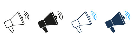 Megaphone Line And Solid Icon Set. Communication, Announcement, And Public Speaking Symbol Collection. Marketing And Promotion Tools. Isolated Vector Illustrationのイラスト素材