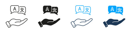 Hand Offering Language Translation Line And Solid Icon Set. Multilingual Communication And Translation Service Symbol Collection. Language Support And Global Interaction. Isolated Vector Illustrationのイラスト素材