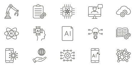 Artificial Intelligence and Machine Learning Technology Line Icon Set. Digital Innovation and Data Science Outline Symbol Collection. Editable Stroke. Isolated Vector Illustrationのイラスト素材