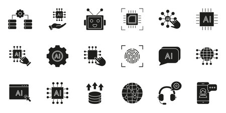 Artificial Intelligence, Robotics and Cybersecurity Solid Icon Set. Automation, Digital Communication and Data Protection Silhouette Symbol Collection. Isolated Vector Illustrationのイラスト素材