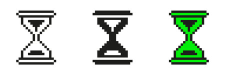 Pixel Art Hourglass Icon Set. Time Management And Countdown Symbol Collection. Retro Sand Timer....