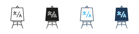 Language Presentation Line And Solid Icon Set. Standing Board With Translation Text Symbol Collection For Education, Multilingual Training, Language Learning Display. Isolated Vector Illustrationのイラスト素材
