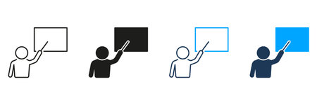 Teacher Pointing At Blackboard Line And Solid Icon Set. Education, Instruction, And Classroom...