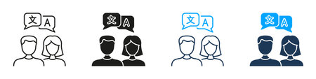Male And Female Translators With Speech Bubbles Line And Solid Icon Set. Language Translation And Multilingual Dialogue Symbol Collection. Conversation Practice. Isolated Vector Illustrationのイラスト素材