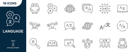 Language And Translation Line Icon Set. Global Communication And Multilingual Learning Outline Symbols. Editable Stroke. Isolated Vector Illustrationのイラスト素材