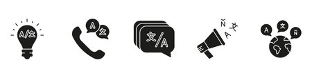 Language Communication Silhouette Icon Set. Includes Idea, Phone Call, Multilingual Message, Loudspeaker, and Alphabet Flow Solid Symbol Collection. Isolated Vector Illustrationのイラスト素材