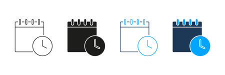 Calendar With Clock Line And Solid Icon Set. Time Management, Scheduling, And Event Planning Symbol...