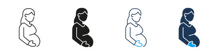 Pregnant Woman Line And Solid Icon Set. Maternity, Motherhood, And Prenatal Care Symbol Collection. Expecting Mother And Pregnancy Health. Isolated Vector Illustrationのイラスト素材