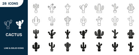 Cactus Line And Solid Icon Set. Desert Plant, Succulent, And Nature Symbol Collection. Diverse Cactus Designs For Botanical And Gardening Themes. Isolated Vector Illustrationのイラスト素材