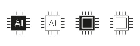 Artificial Intelligence Microchips and Processors Line and Solid Icon Set. Digital Circuits,...