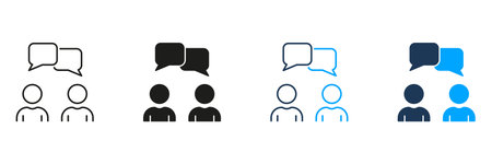 Two People With Speech Bubbles Line And Solid Icon Set. Communication, Dialogue, And Interaction Symbol Collection. Social Networking And Conversation Concept. Isolated Vector Illustrationのイラスト素材